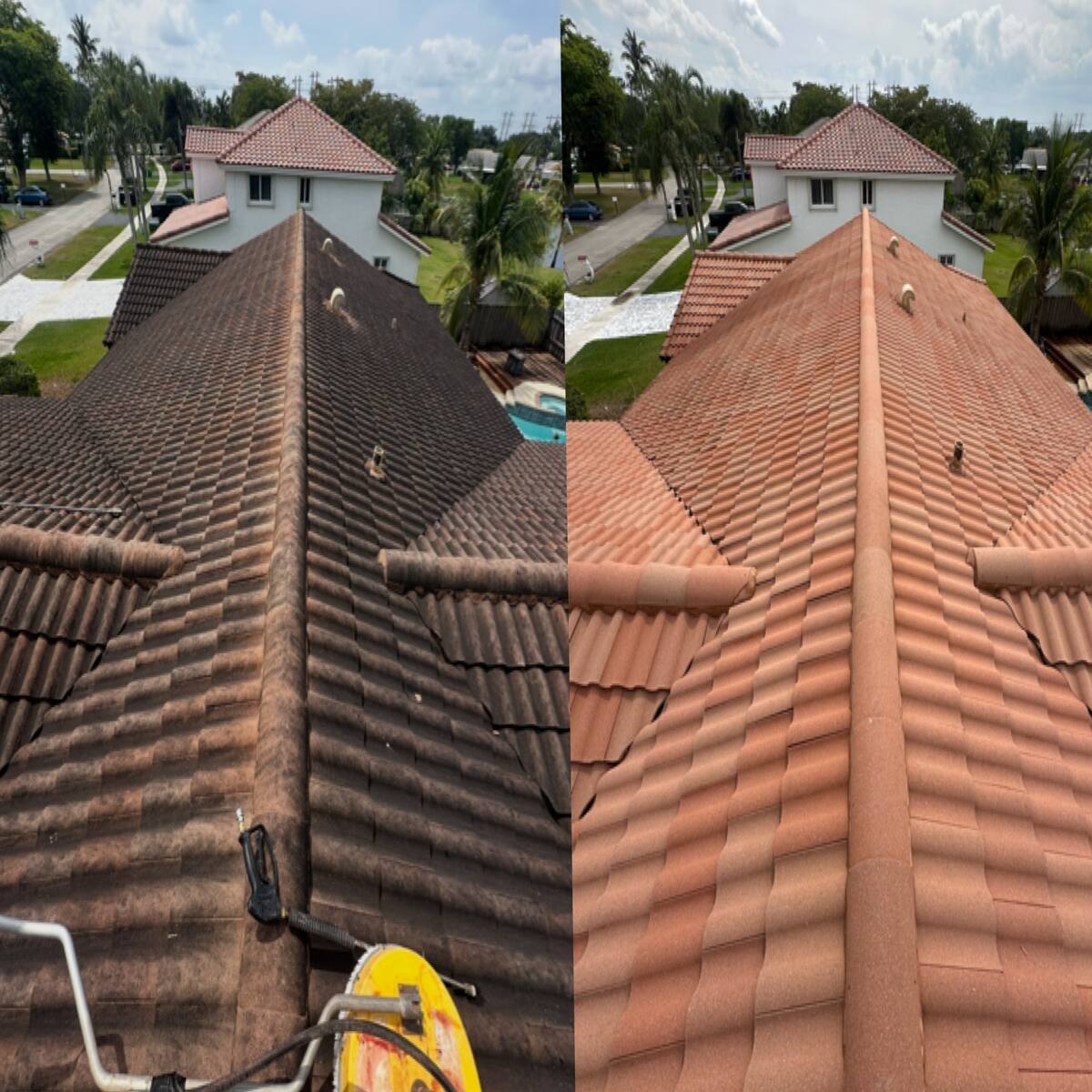 Barrel-tile roof cleaning in South Florida — before and after