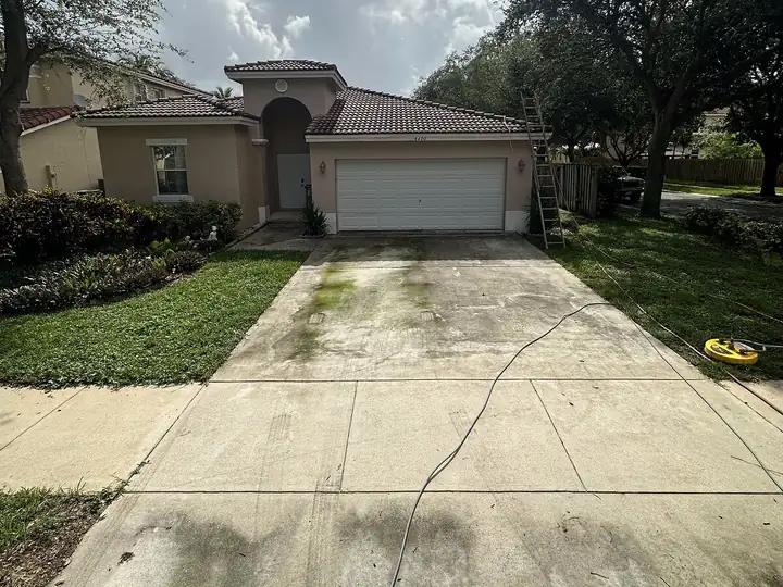 Concrete driveway with dark mildew streaks in South Florida — before
