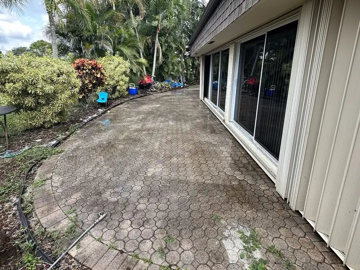 Mildew-stained paver walkway beside a South Florida home — before