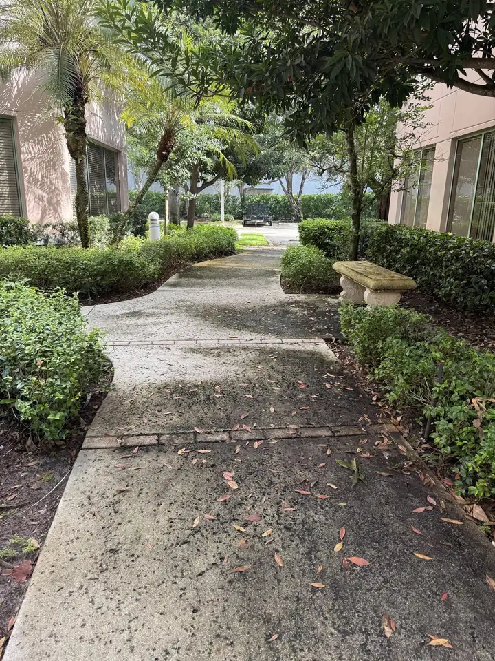 Before pressure cleaning a commercial walkway in Weston, FL &mdash; concrete and keystone borders