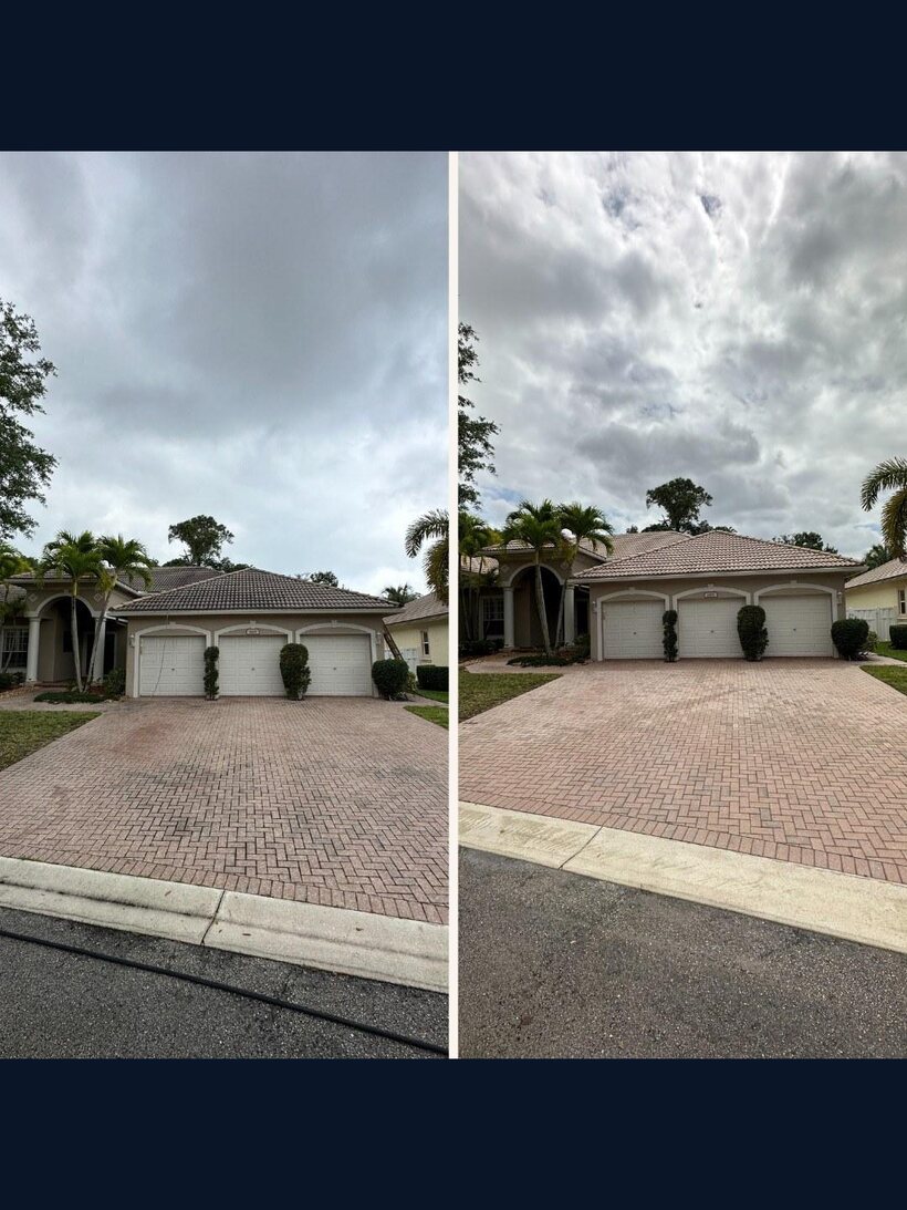 Paver driveway and tile roof before and after pressure washing in Weston, FL